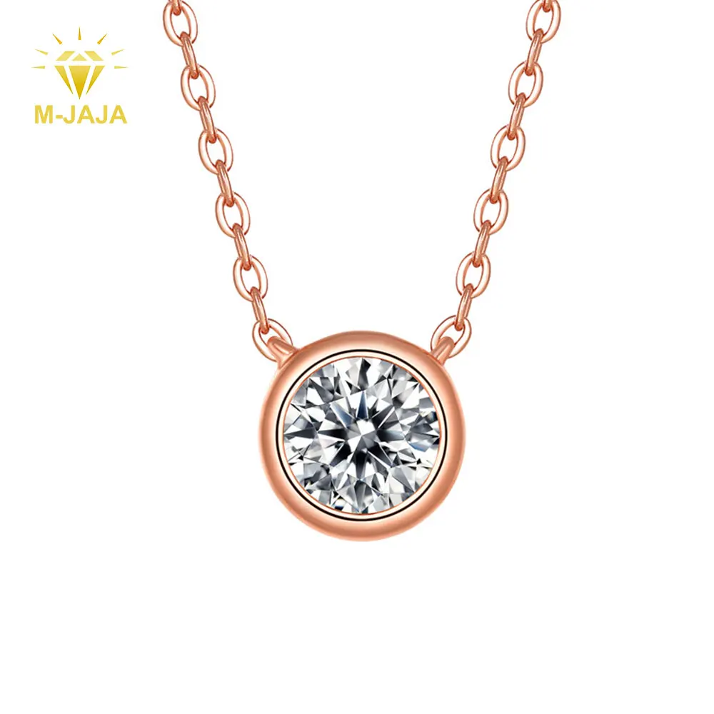 

M-JAJA 1ct Bezel Moissanite Pendant Necklace Diamond Necklace for Women 18K Rose Gold Plated S925 Silver Clavicle Chain Jewelry