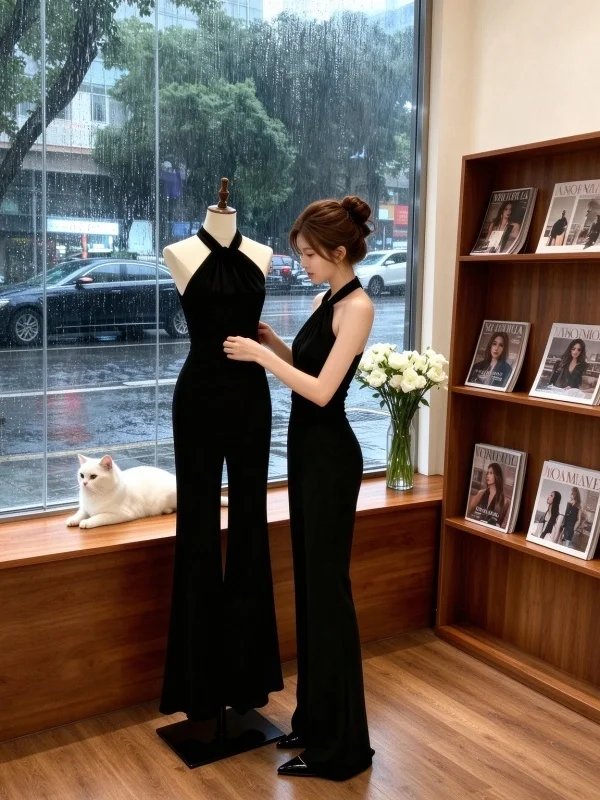 Black Korean Style Versatile Slimming Women's Set Neck Strap Vest Casual Pants High Waist Long Sleeve Commute Fashion Autumn