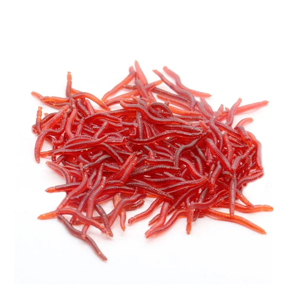 100pcs Lifelike Red Earthworm bait Worms Artificial Fishing Lure 40mm Soft Baits Silicone Shrimp Flavor Additive baits Tackle