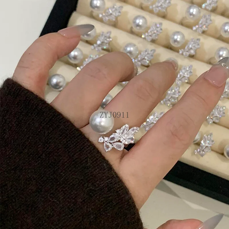 Cincin Mutiara Zirkon Daun Perak Sterling Cincin Jari Desain Pembukaan Rasa Premium Mewah Ringan Prancis