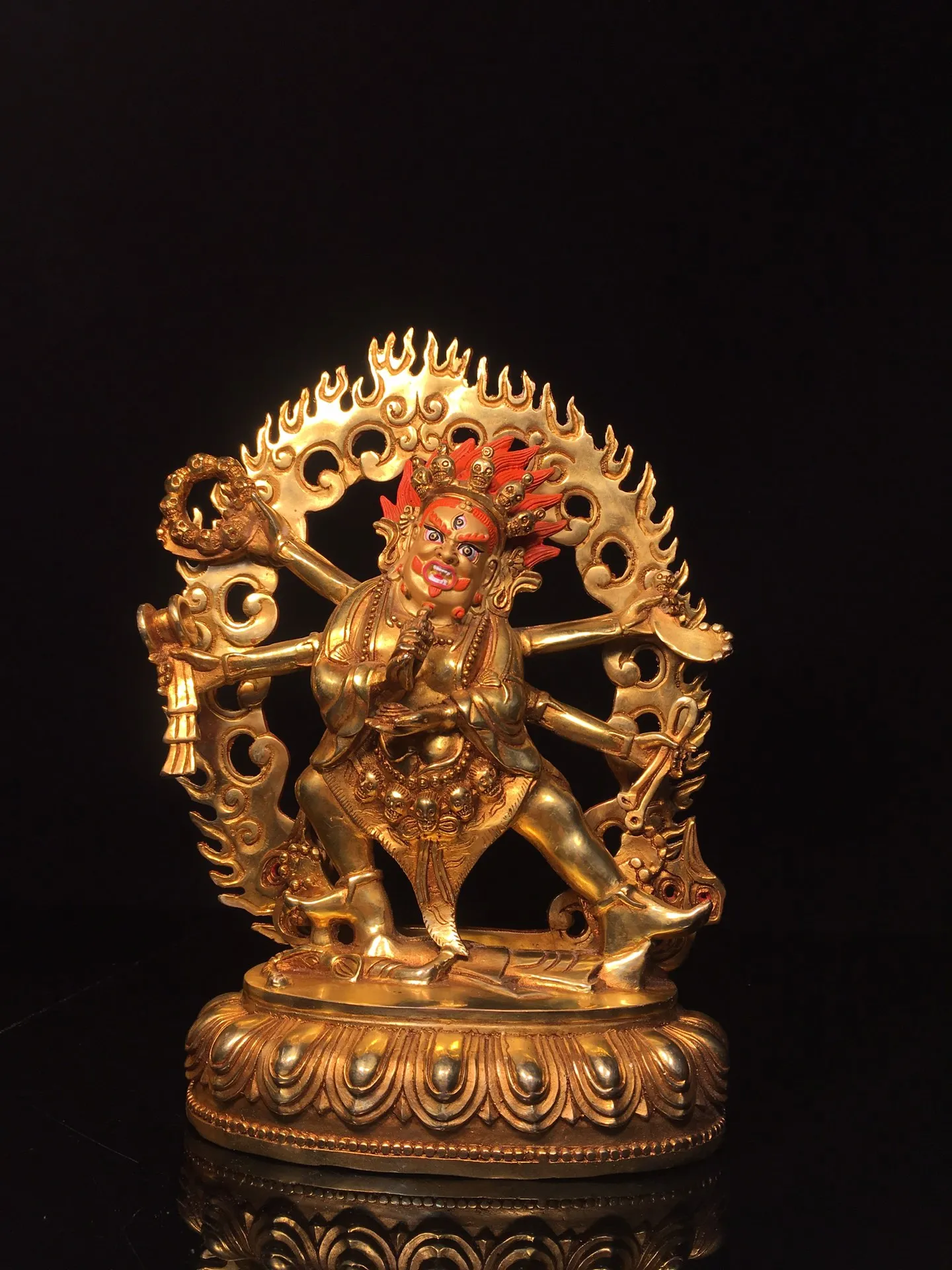 

11"Tibetan Temple Collection Old Bronze Gilded Face Painting Backlight Six arms Mahakala Buddha Lotus Platform Worship Hall