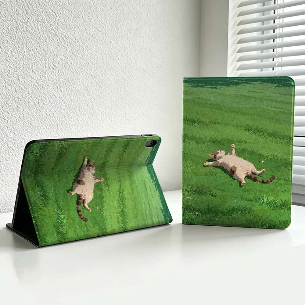 Cartoon Cat Lying Grass Cover For iPad Pro Air mini 7 6 5 4 3 2 1 9gen M5 M4 11th 10th A17 Pro A16 Soft Inch Tablet Case
