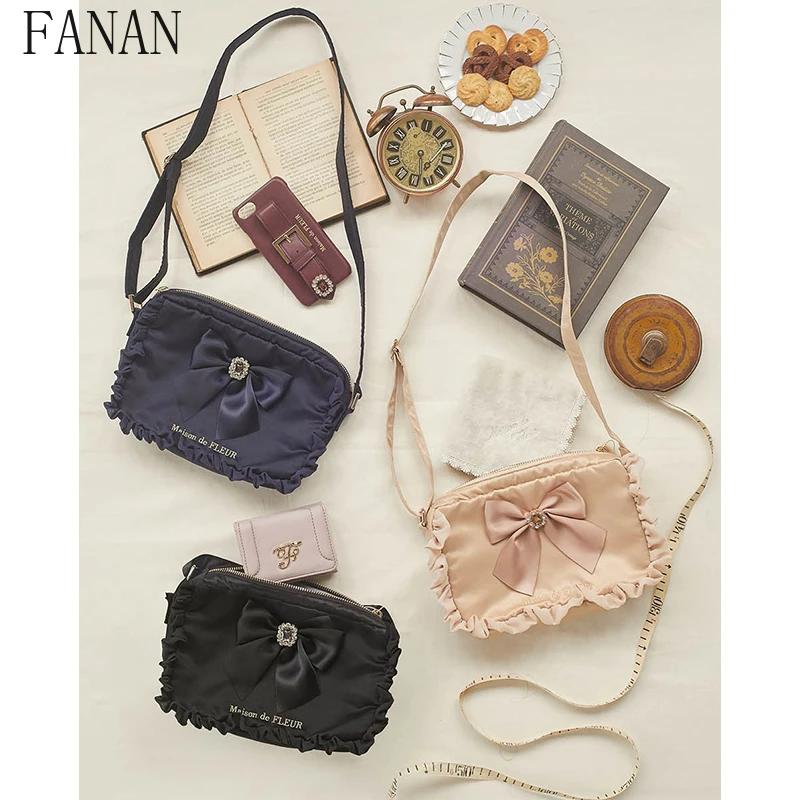 

Messenger Bag Sweet and Cute Fashion Women's Handbags Japanese Style New Bow Fungus Ruffle Edge Zipper Handbag Shoulder Bags