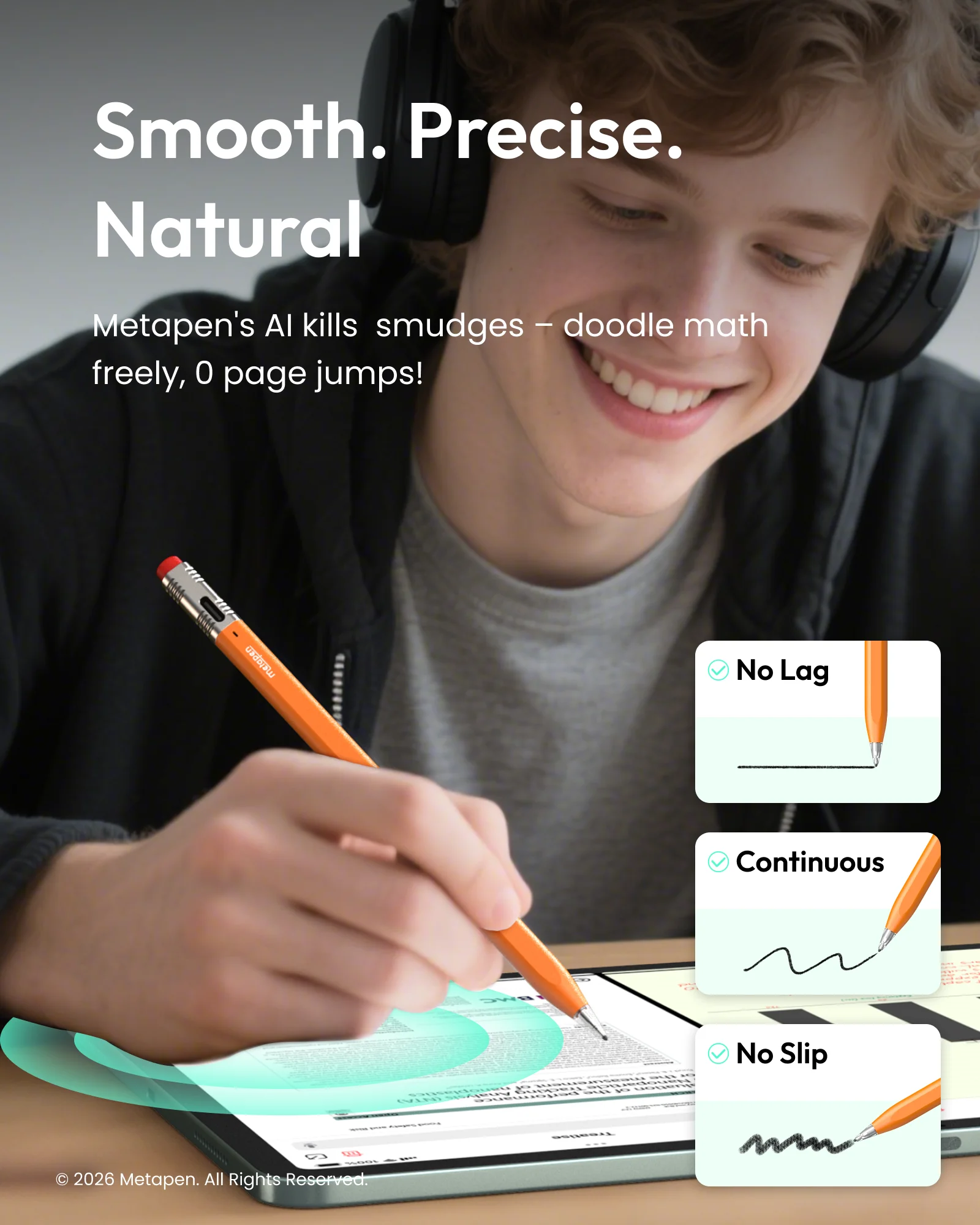 MetaPen Palm Rejection Stylus Pen for Apple Pencil, Ultra-Quiet, 26H Battery Life for iPad A16 Pro12.9/13 M4,Air 4/5/M3,Mini 5/6 view 3