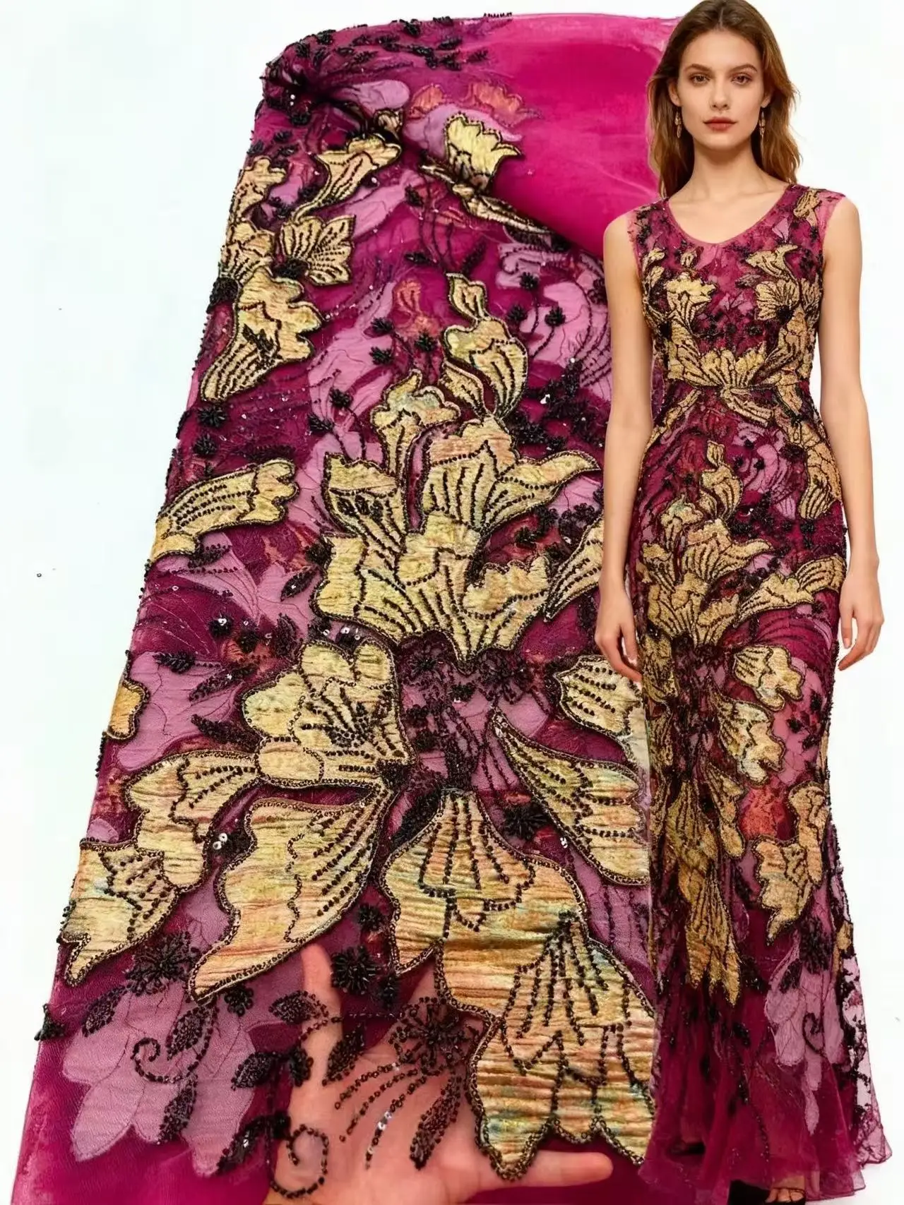 

Роскошный нигерийский тюль, расшитый бисером, кружевная ткань, африканские французские блестки, вышивка 2025, нигерийская вышивка для женского вечернего платья, шитье