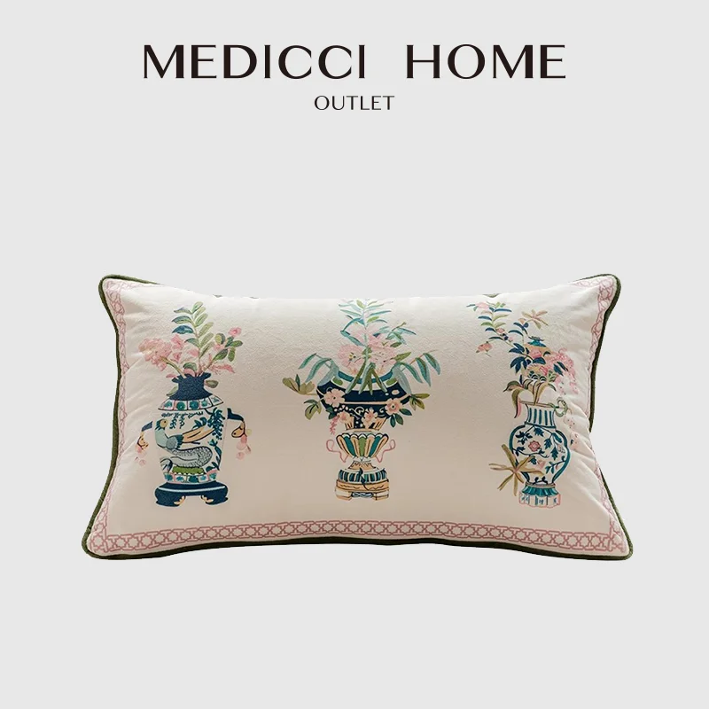 Medicci Home Antique And Vintage Flower Vases Lumbar Pillow Case Beautiful Striking Design Velvet Decorative Cushion Cover 30x50