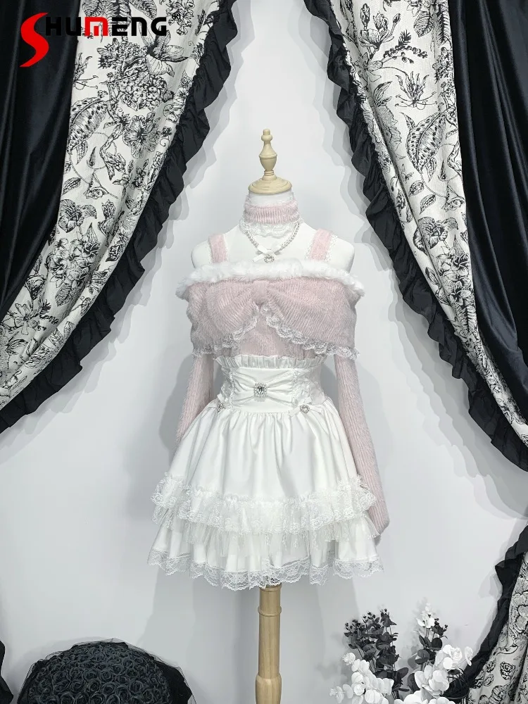 

Japanese Style Elegant Sweet Square Neck Off-Shoulder Long Sleeve Lace Spliced Bow Plush Versatile Pullover Shirts Women Autumn