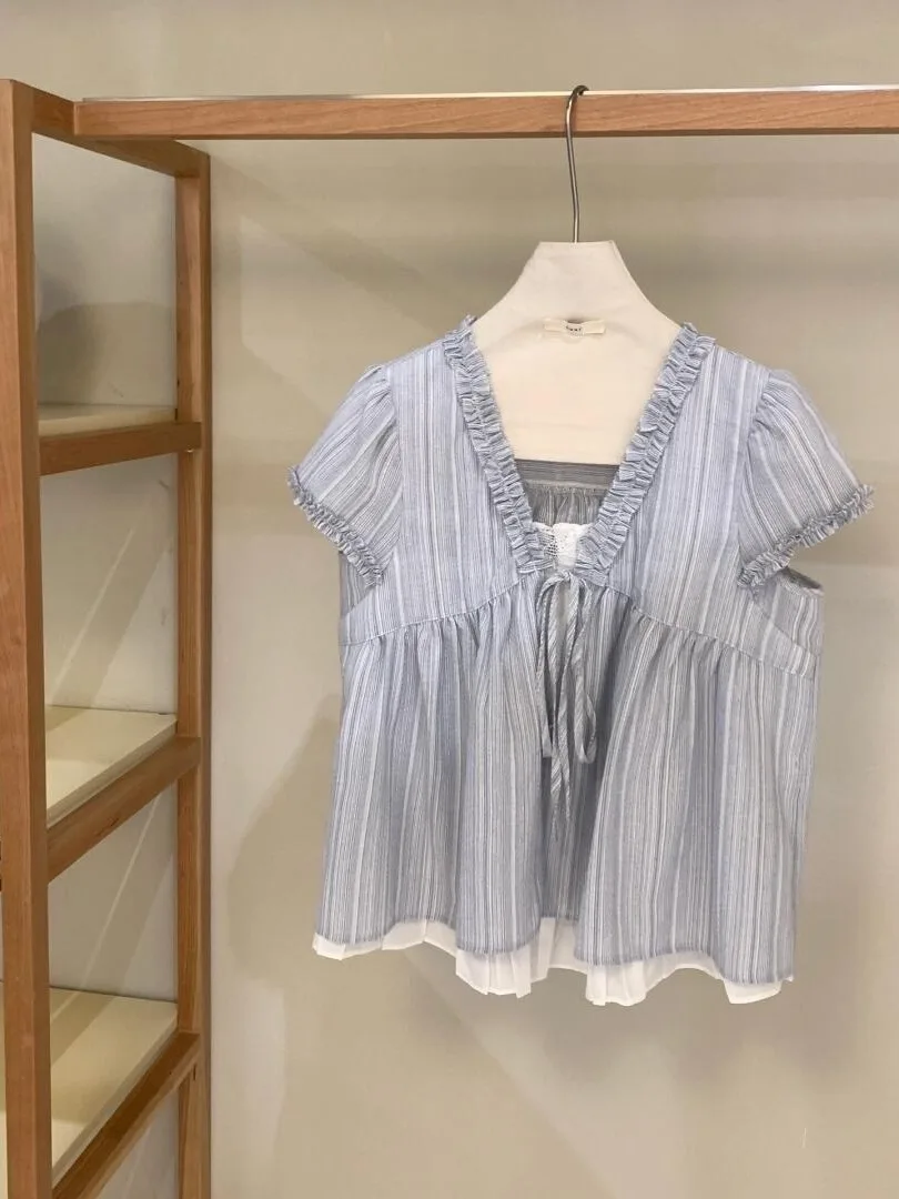

Blue Loose ort Sve V-Ne Doll irt Women's Summer Design Sense Youthful Top Wooden Collar One-Piece Outfit