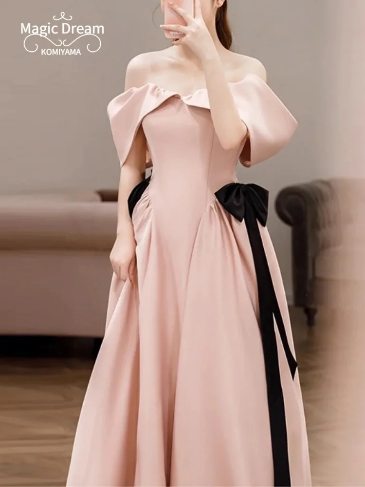 Customized One-shoulder French Banquet Evening Dress High-quality Temperament Engagement Prom Dresses Pink Satin Bride Wed Party