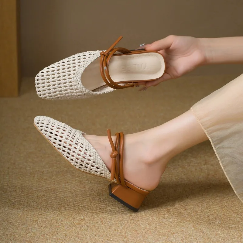 

Soft Fur Woven Breathable Sandals New Square Toe Shallow Mouth Woven Baotou Half Slippers for Women's Summer Wear