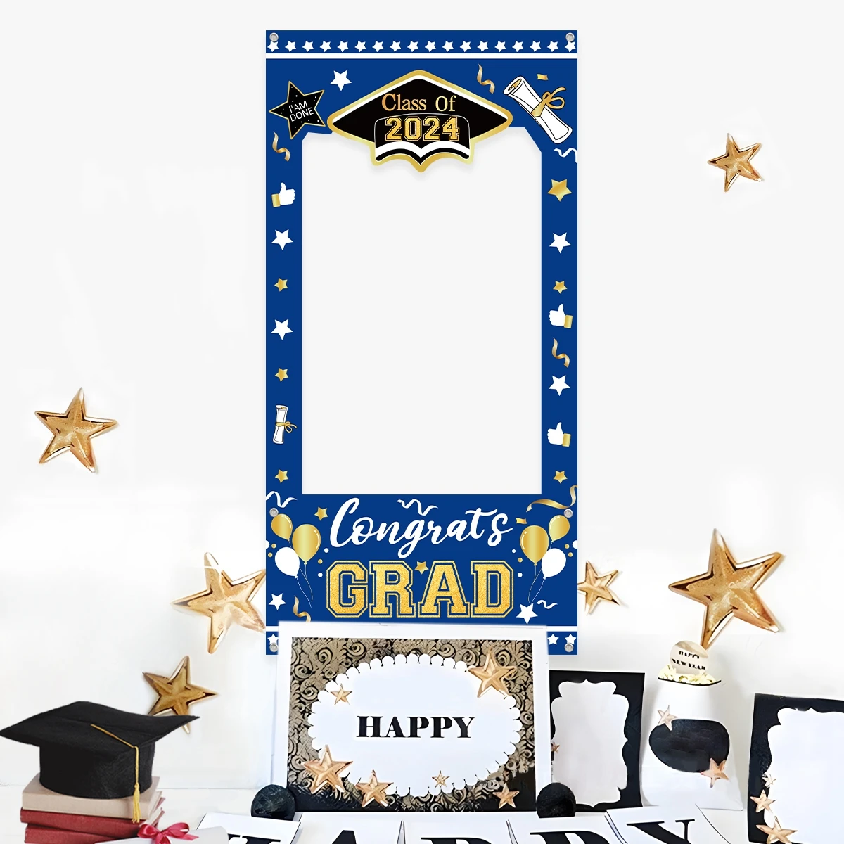 Black Gold Graduation Cloth Photo Booth Props Frame Class of 2024 Graduation Season Party Decorations Grad Favors Supplies