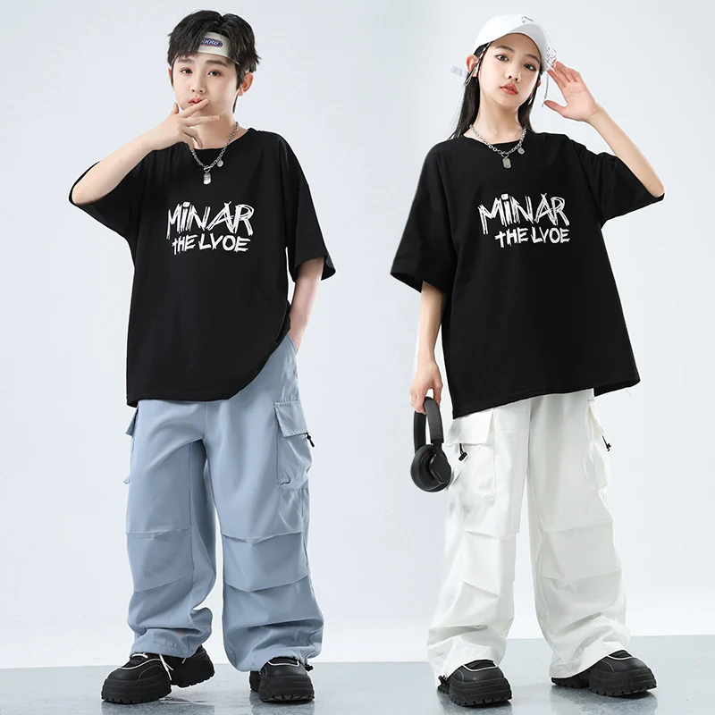

New Fashion Kids Hip-hop Clothes Set for Boys Girls Japanese y2k Streetwear Outfit Child Hiphop T Shirt Cargo Pants Dance Suit