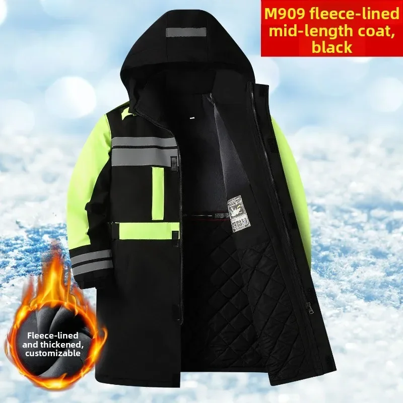 New Long Winter Work Jacket, Waterproof Windproof Reflective Thermal Coat with Fleece Lining, Stain Resistant