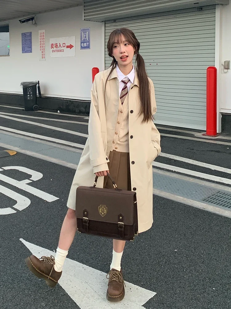 Japanese Preppy Style Winter Cloth Lapel Collar Single-breasted Belt Slim Loose Commuter Casual Long Trench Coat Women Autumn