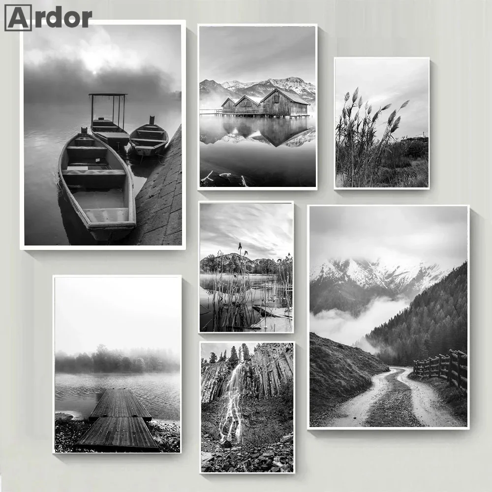 Black And White Lake Boat Tree Painting Fog Forest Mountain Canvas Art Poster Natural Landscape Print Wall Pictures Home Decor