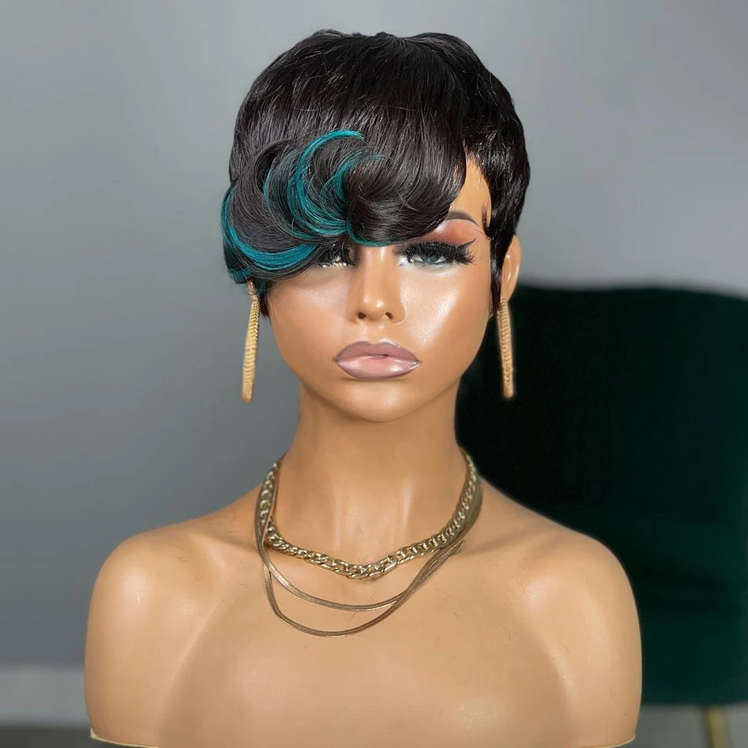 Highlight Green Color Short Pixie Cut Wig For Black Women Human Hair Short Bob Wigs 150% Density Brazilian Remy Full Machine Wig