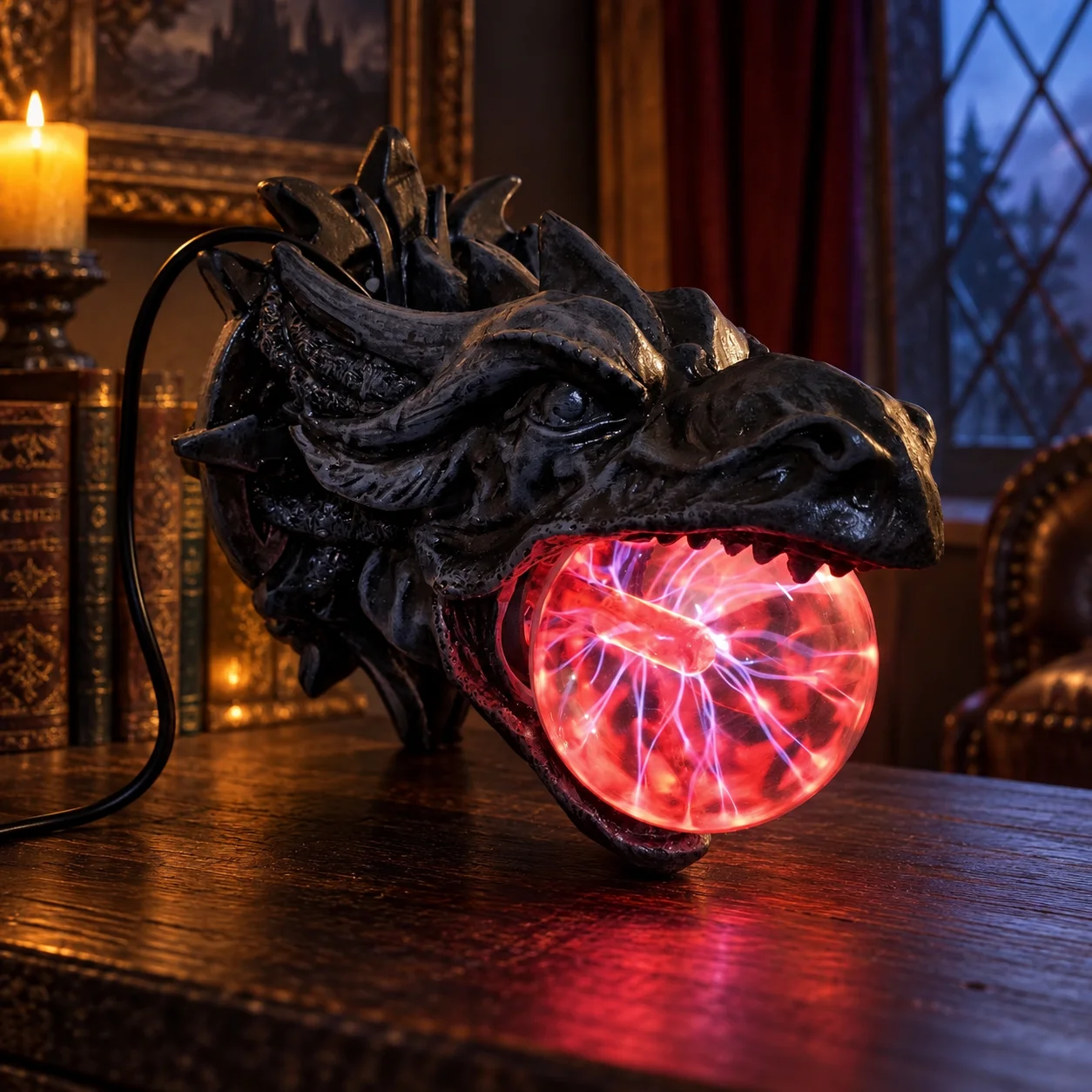 Dragon Plasma Ball Resin Statue Lamp Halloween Christmas Resin Dragon Statue Table Decor For Bar Room Fantasy Figurine Gift