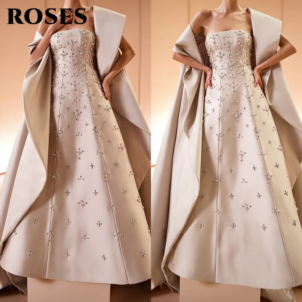 

ROSES Light Beige Satin Strapless Prom Dress Rhinestone-Detailed Evening Gown with Large Shawl-Styled robe de soirée Customized
