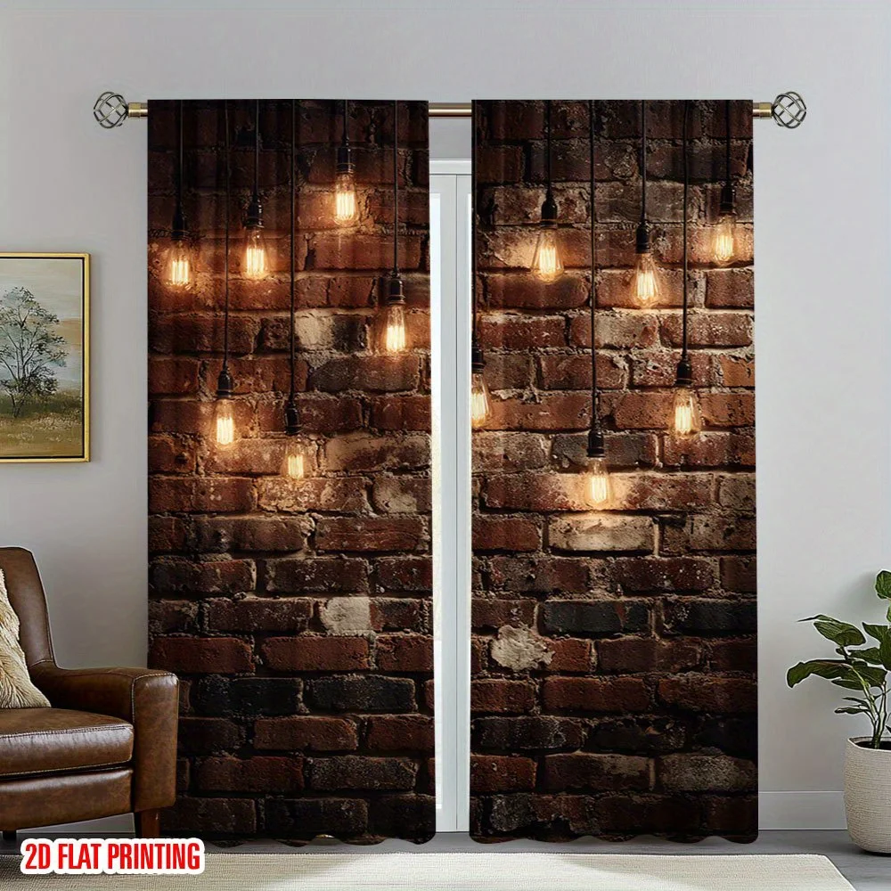 Rustic Industrial Brick Wall Edison Bulb Rod Pocket Window Curtains - Vintage Room Decor Set of 2 Panels