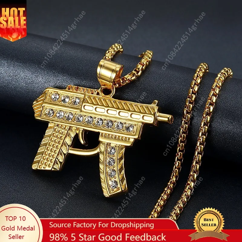 

Fashion Gold Color Submachine gun Link Chain Pedant Necklace zircon Stainless steel Choker Hip Hop For Men Jewelry Collier Male