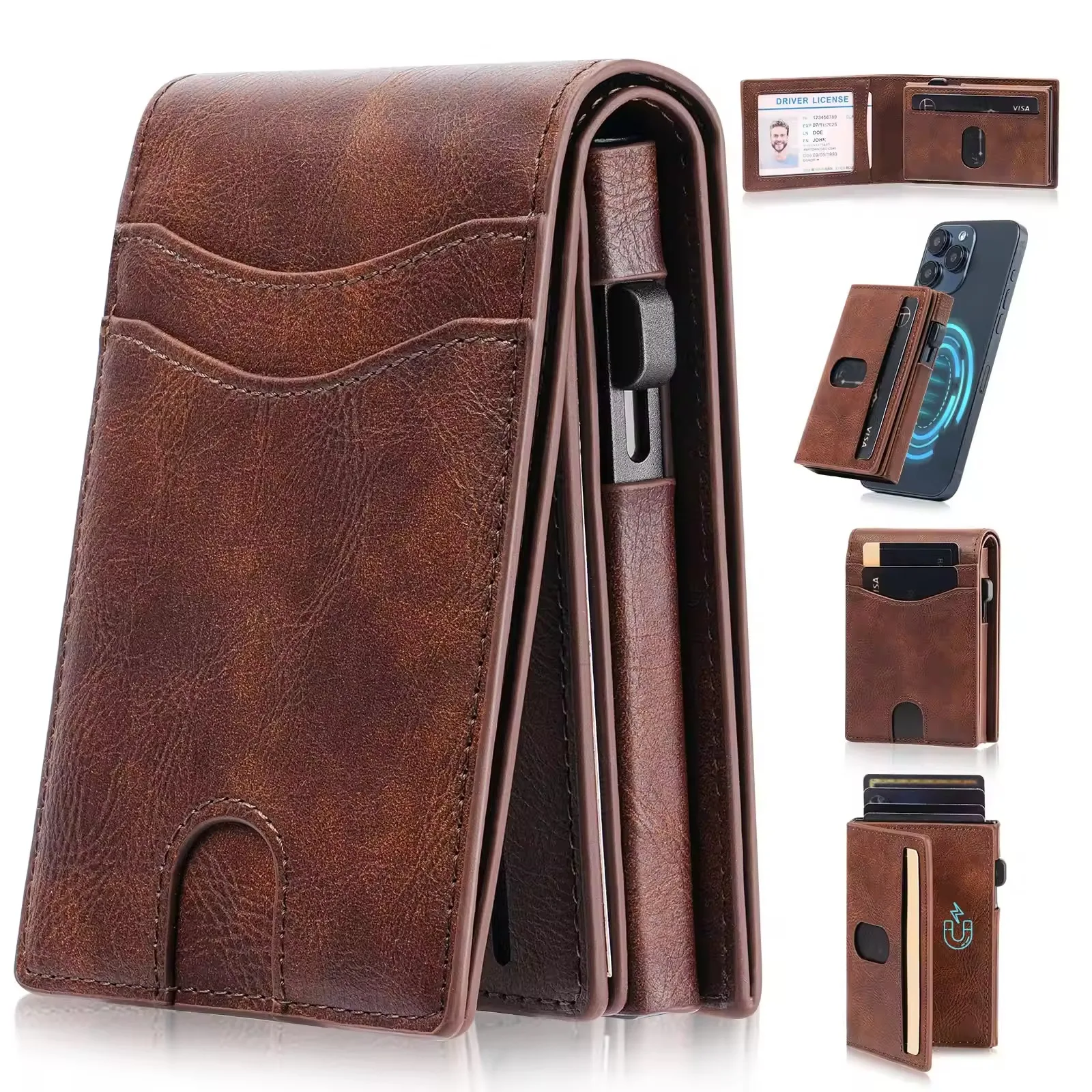 New magnetic separation metal credit card clip RFID anti-theft brush automatic elastic card leather men's card bag