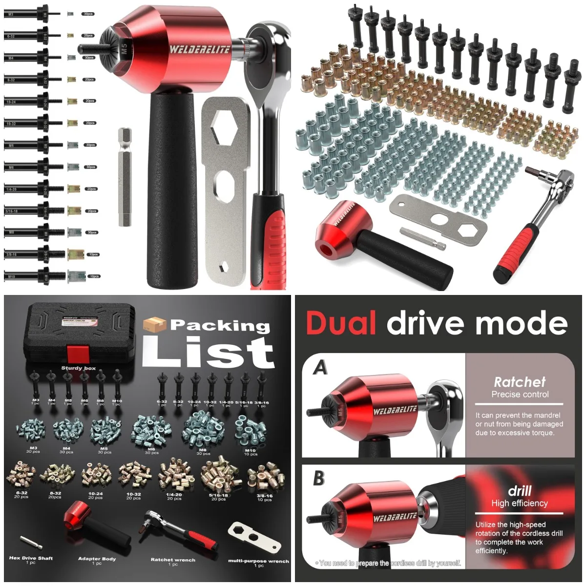 Kit Alat Adaptor Bor Rivet Nut Berisi 290 Rivet Nut dan 13 Mandrel