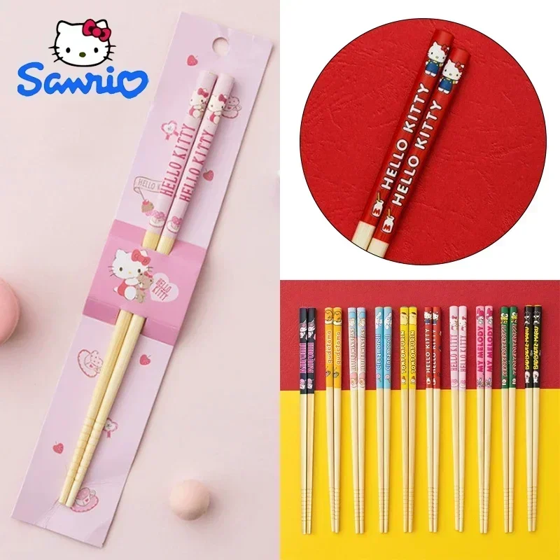 Palillos de bambú Sanrio Kuromi Hello Kitty, lindos vajilla de sushi reutilizable, regalo de herramientas de cocina de dibujos animados
