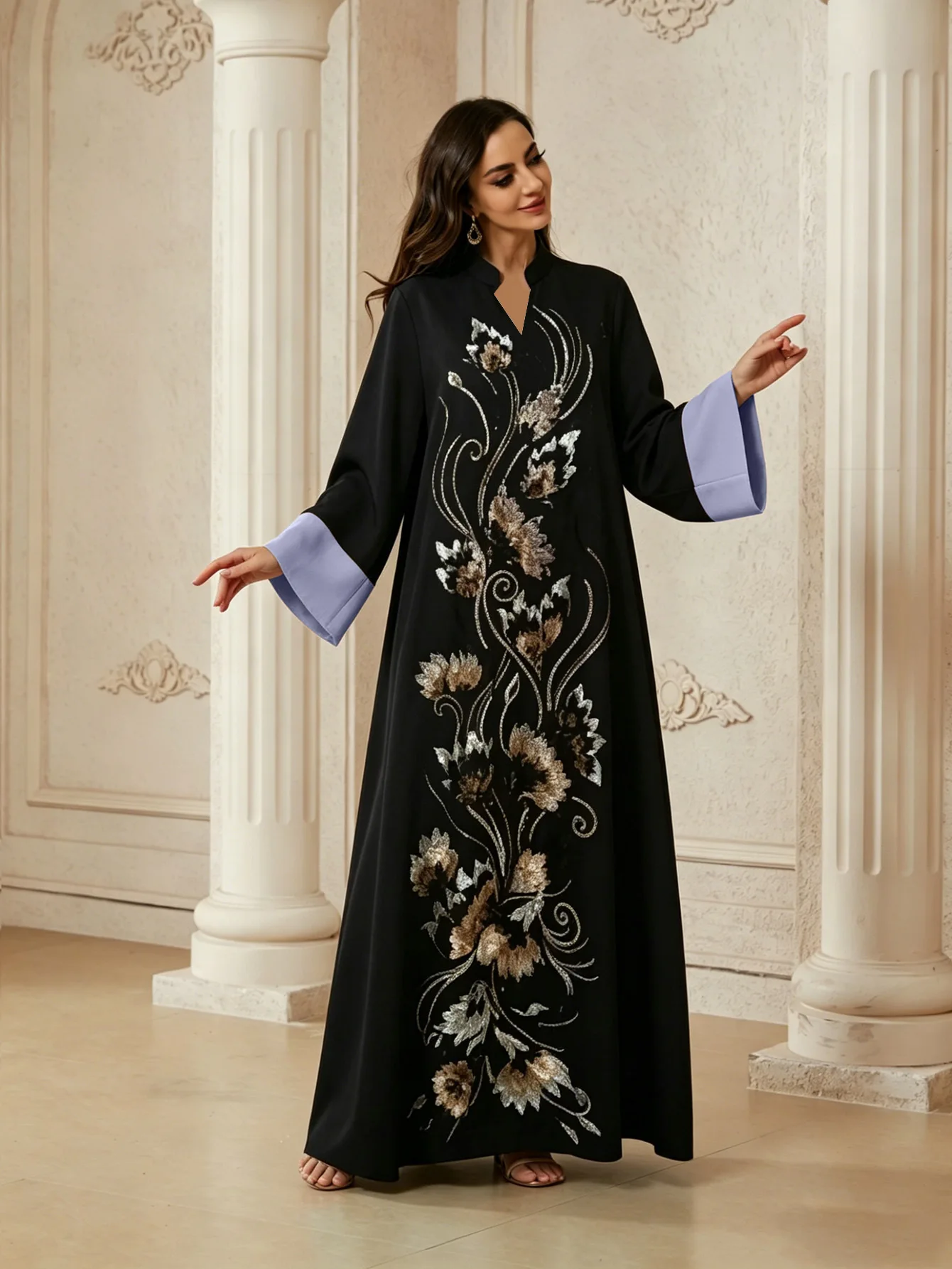 New Islamic Muslim Saudi Arabia Heavy Industries sequin flower patch embroidered loose dress for women's high-end dress
