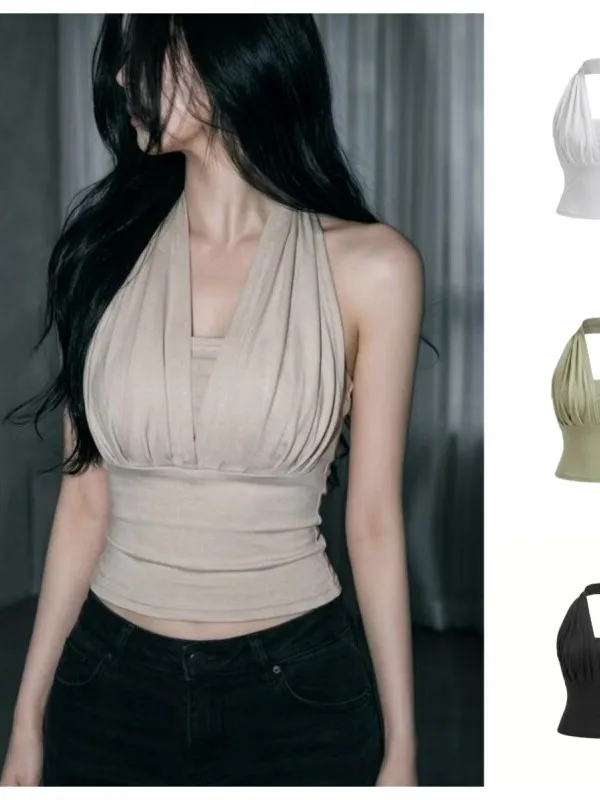 Sexy Pleated Two-Piece Illusion Buxom Hanging Neck Backless Vest Women's Top Dongda Gate New Arrival Spicy Girl Style Cotton ...