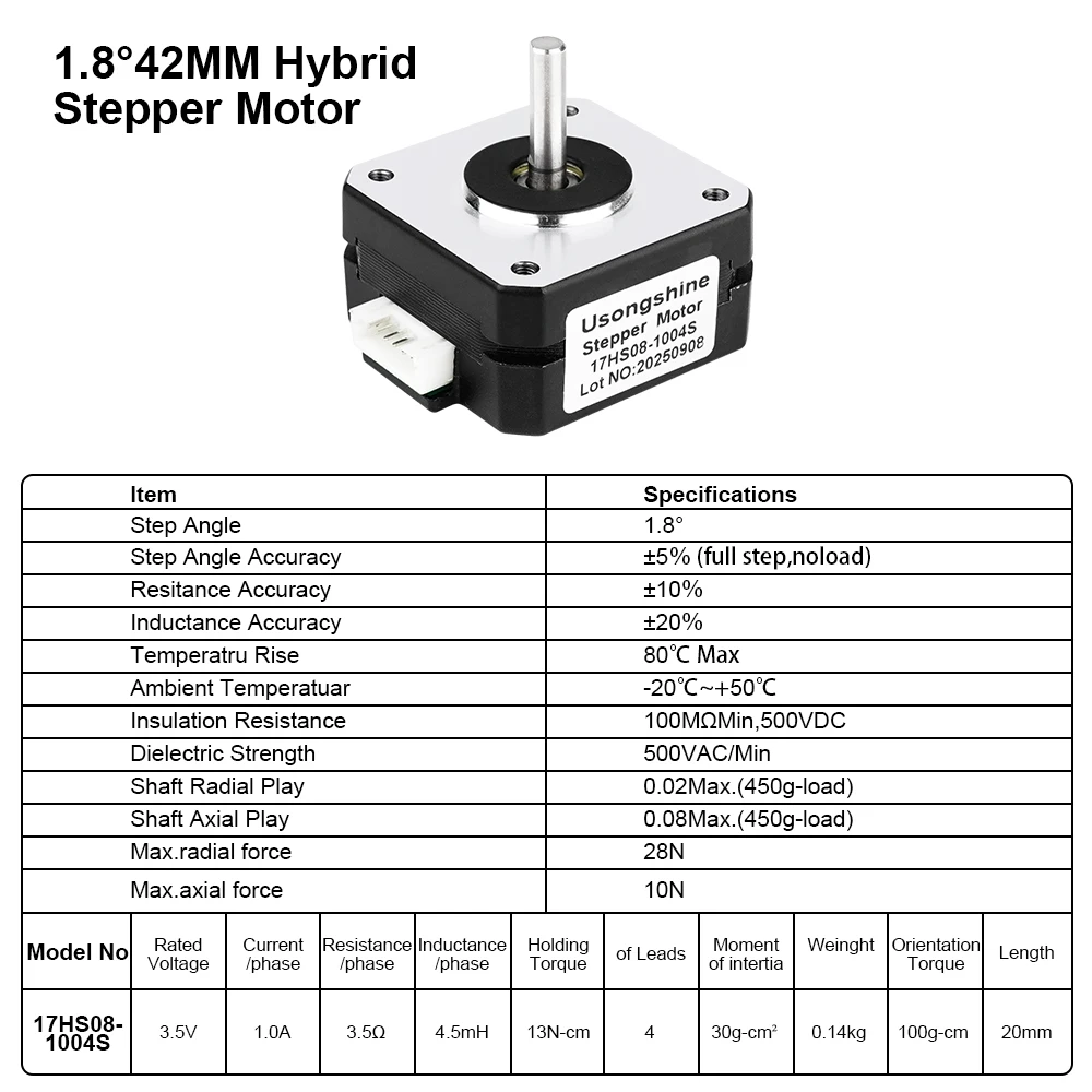 Nema17 Stepper Motor 20mm 1A 16N.cm 42 Short Step Motor 4-Lead 17HS08-1004S for CNC Extruder 3D Printer Motor