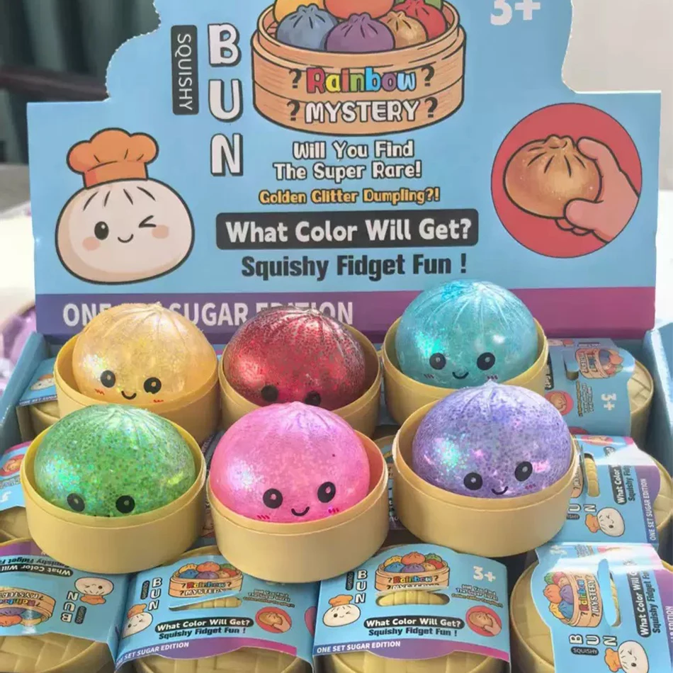 Glitzer-Dumpling-Squishy mit Box: Sensorischer Dampf-Dumpling aus weichem TPR-Teig für Dekompression, Fidget-Spielzeug, Stressabbau-Geschenk