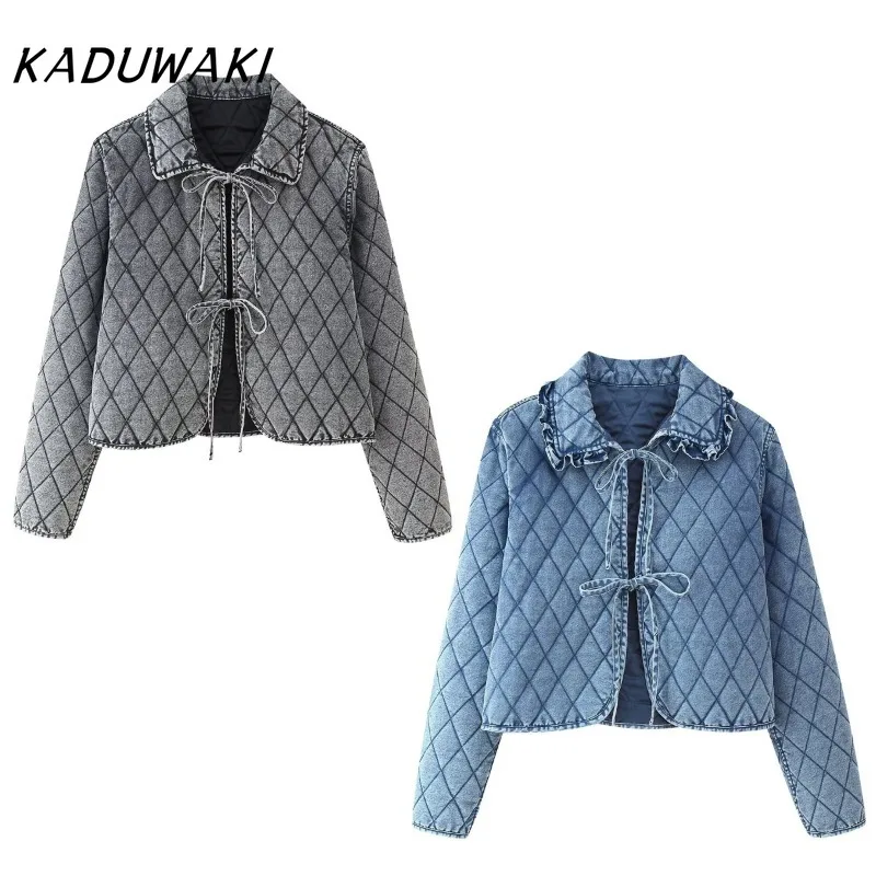 

KADUWAKI Autumn/winter 2025 New Women's Casual Retro Lapel Long Sleeve Short Quilted Washed Cotton Denim Jackets 방수자켓 Harajuku