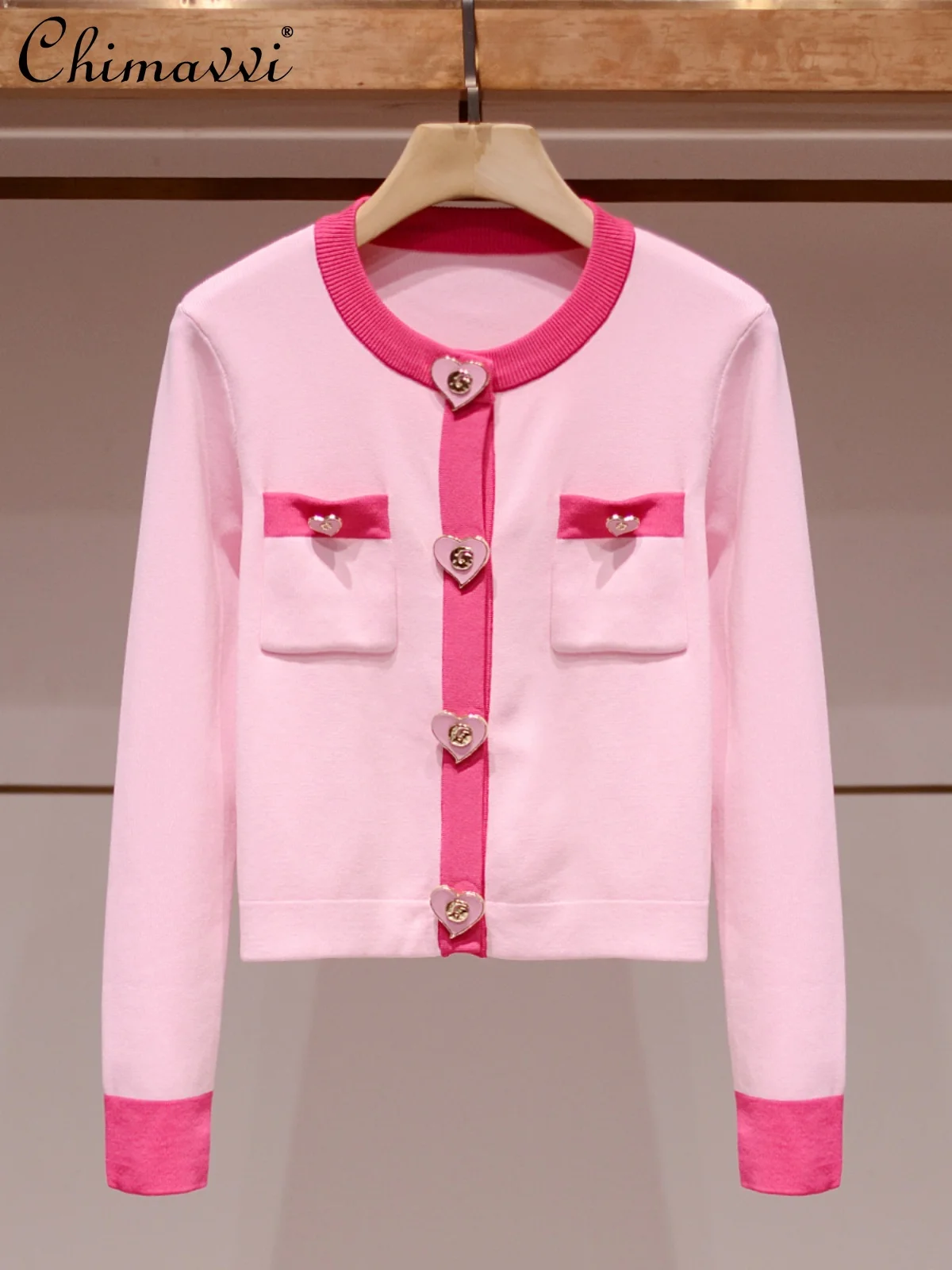 French Elegant Fashion Round Collar Long Sleeve Single-breasted Love Buckle Loose Casual Pink Knitted Cardigan Tops Women Autumn