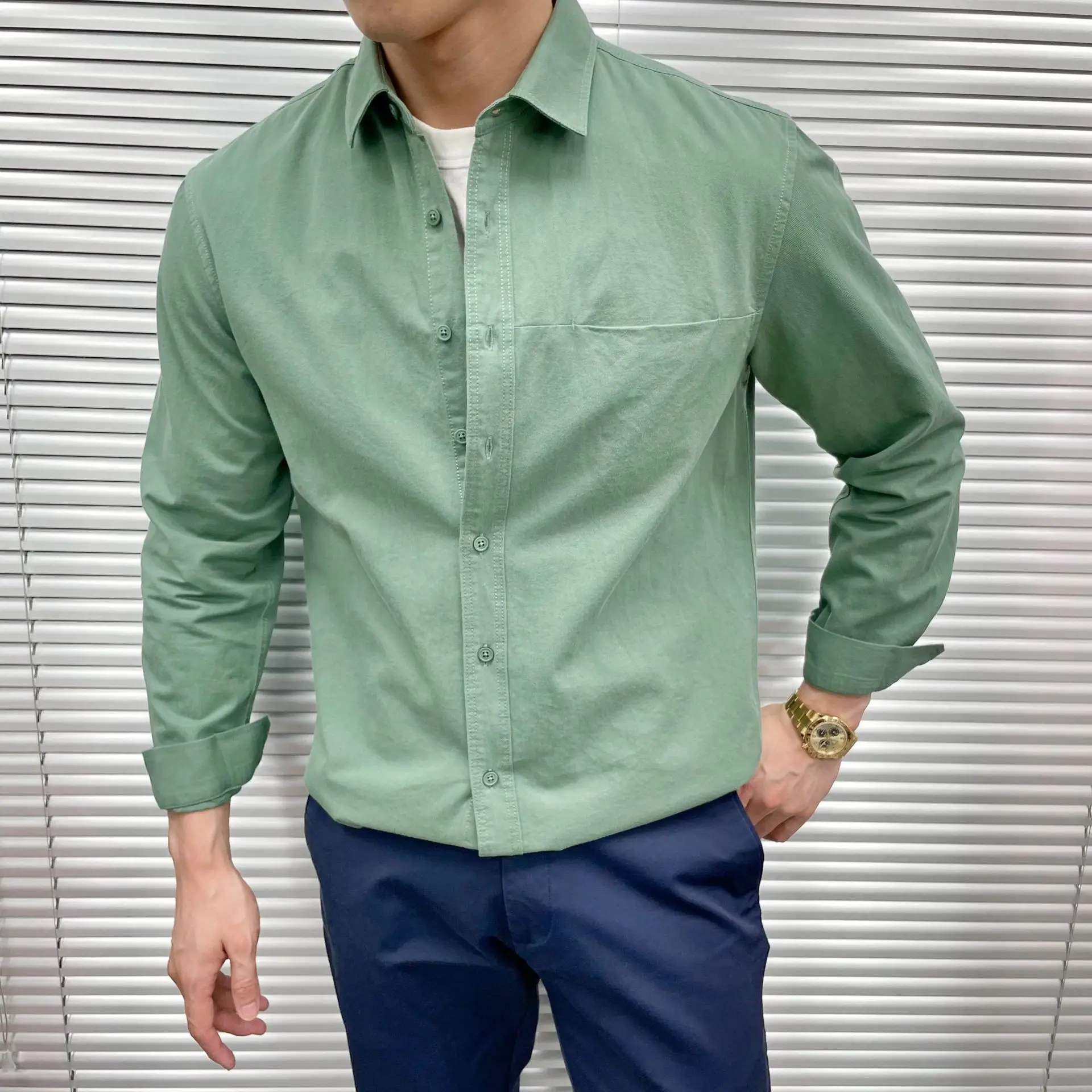 Cotton Minimalist Casual Shirt Men's Long Sleeved Spring Japanese Style Youthful Top Solid Color Shirt Tops Men's Wear