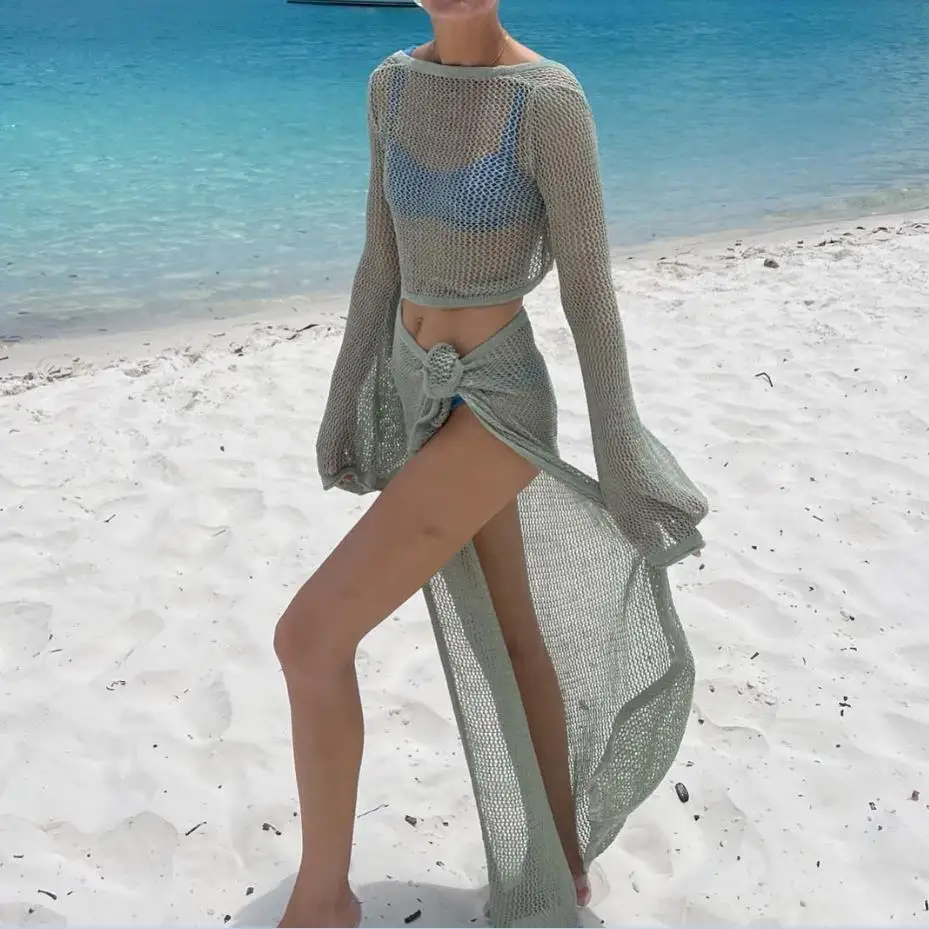 Summer Women Beachwear Bikini Cover-Ups Sexy Long Sleeve Knitted Hollow Crop Tops + Split Long Skirt Crocheted 2 pcs Set