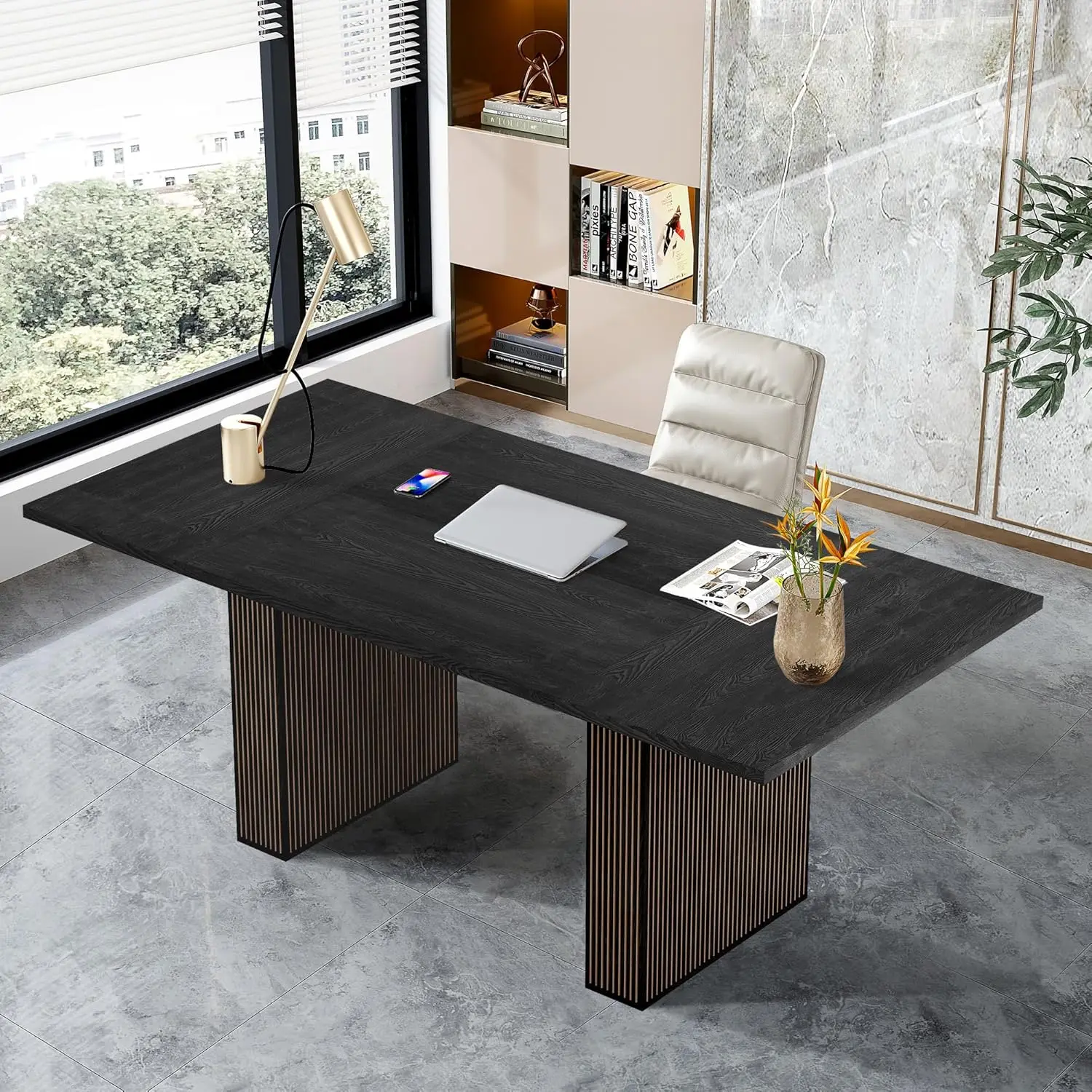 Modern Farmhouse Style Large Executive Office Desk, 78 Inch Length with Wooden Stripe Base