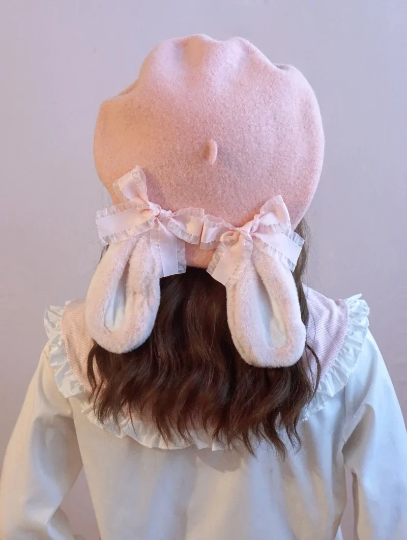 Lovely Bunny ear Beret Lolita Handmade Caps elegant Bow Autumn Winter Warm Berets Wool felt beanies woman's hat