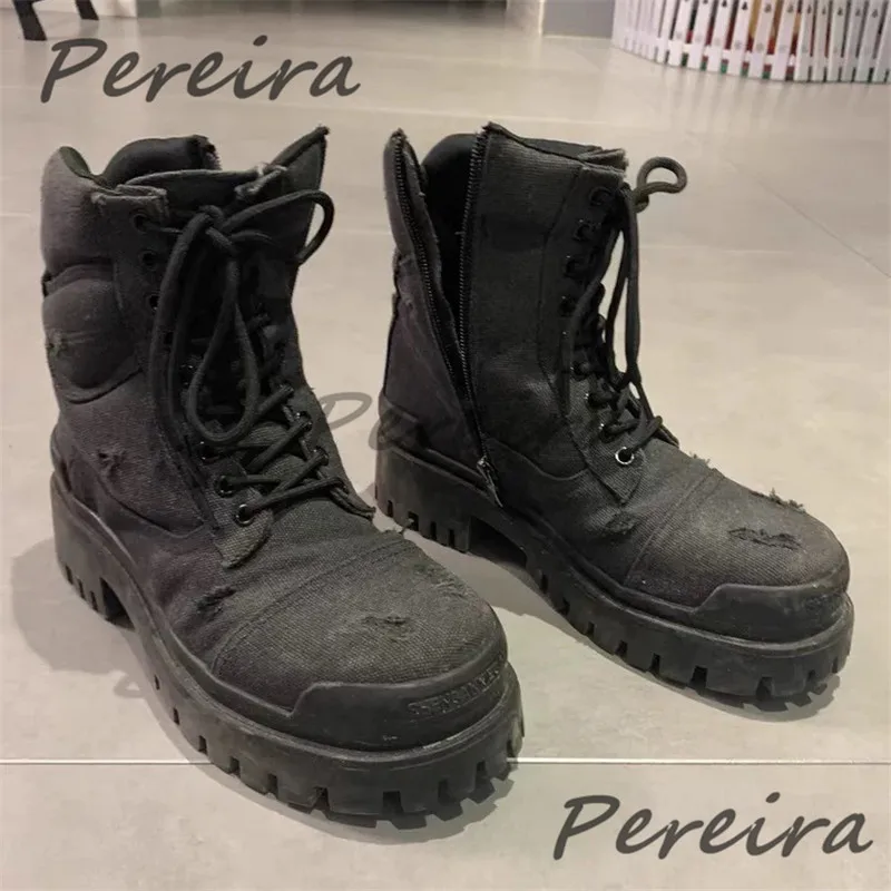 Men's Retro Motorcycle Boots Round Toe Thick Soled Denim Boots British Style Chunky Platform Lace Up Breathable Short Booties