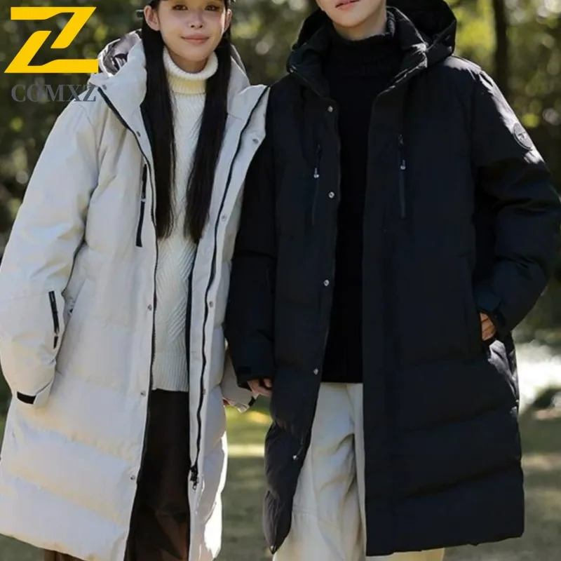 

COMXZ High Quality Long Puffer Jacket Men Couple Winter 2025 Korean Normcore Solid Color Down Jacket Snow Hooded Padding Coat