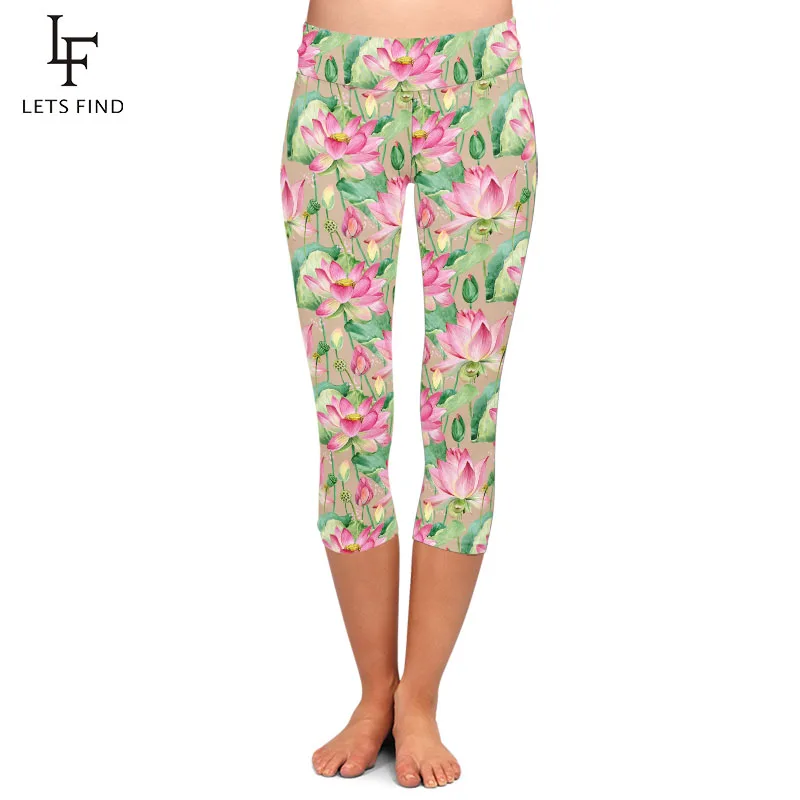 LETSFIND Beautiful Lotus Flowers Design Milk Silk Print Women Capri Leggings High Waist Fitness Soft Slim Leggings