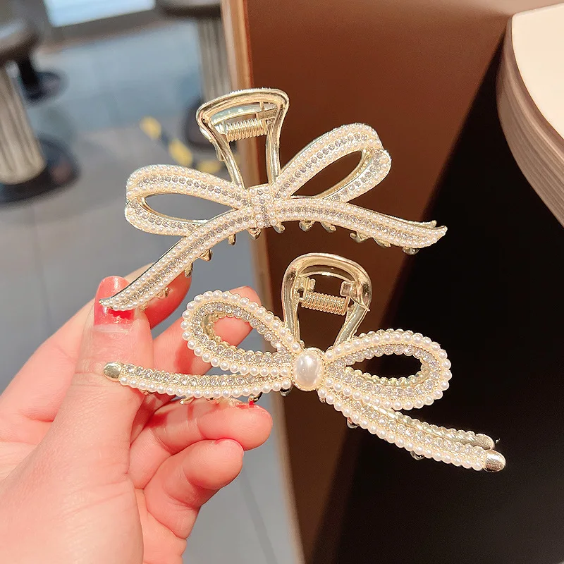 New Elegant Pearl Water Diamond Large Shark Style Bow Tie Headwear with Back Spoon Hair Clip