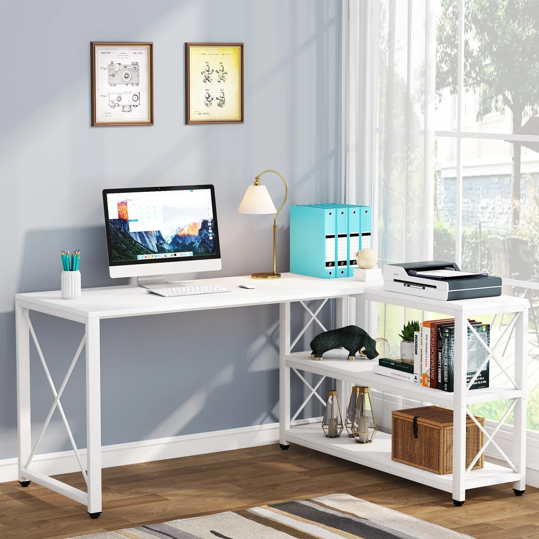 Tribesigns Reversible Industrial L-Shaped Desk with Storage Shelves, Corner Computer Desk PC Laptop Study Table Workstation