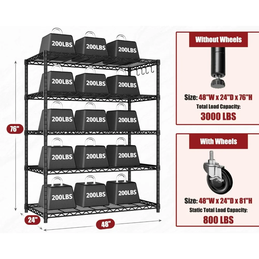 أرفف تخزين سلكية شديدة التحمل مقاس 48 بوصة عرض × 24 بوصة عمق × 81 بوصة ارتفاع مع عجلات، وحدة رفوف جراج قابلة للتعديل مكونة من 5 طبقات، ميت دوار #3