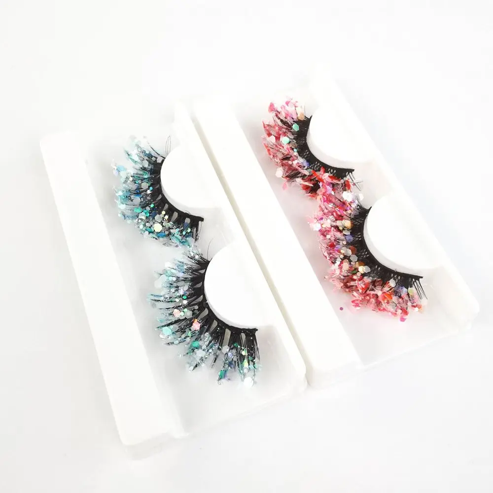 Unique Shining Colored Eyelashes Gold Pink Green Glitter Colorful False Eye Lashes Dramatic Halloween Party Rainbow Cilias