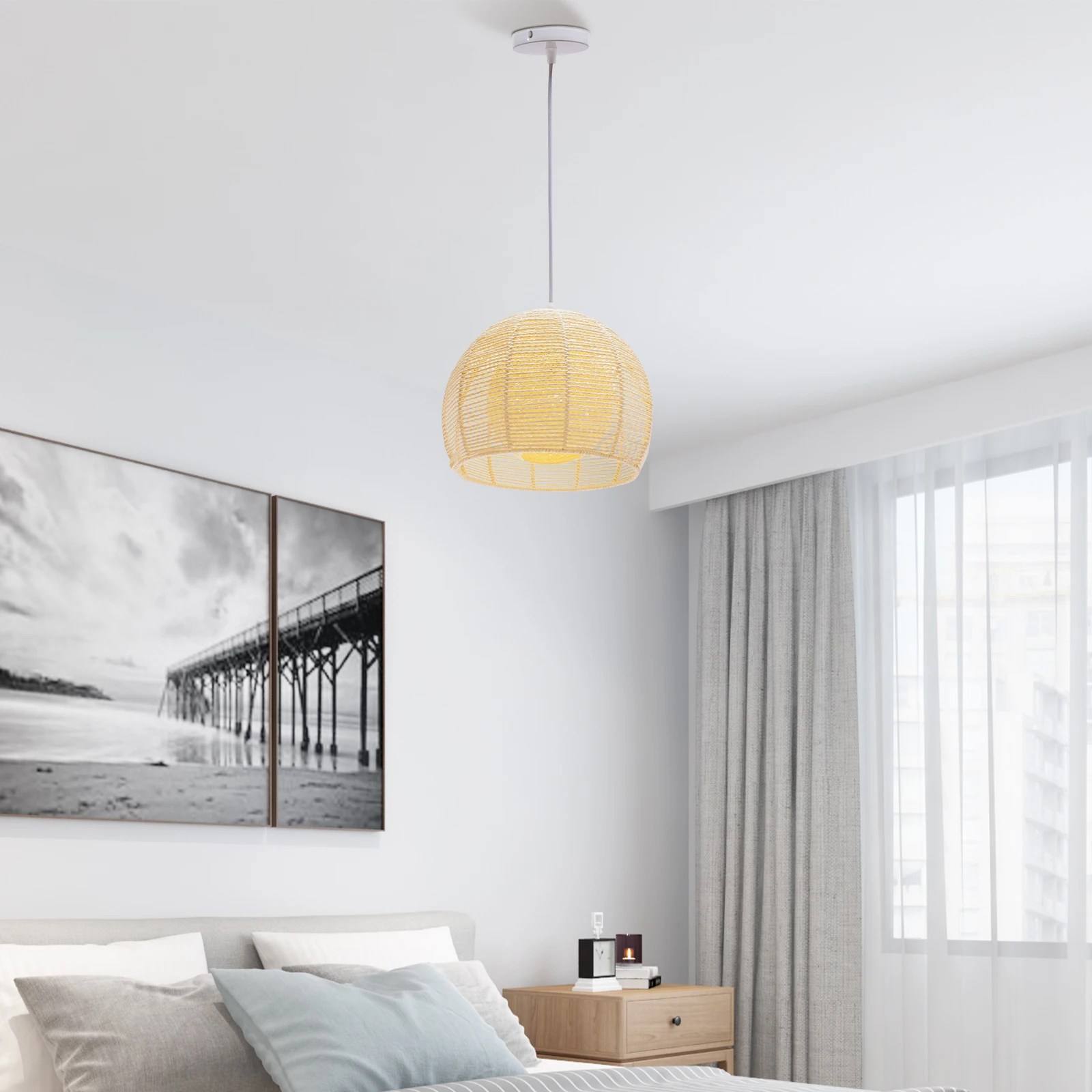 Lodge Wicker Rattan Cell Pendant Light Fixture Farmhouse Hanging Ceiling Lamp