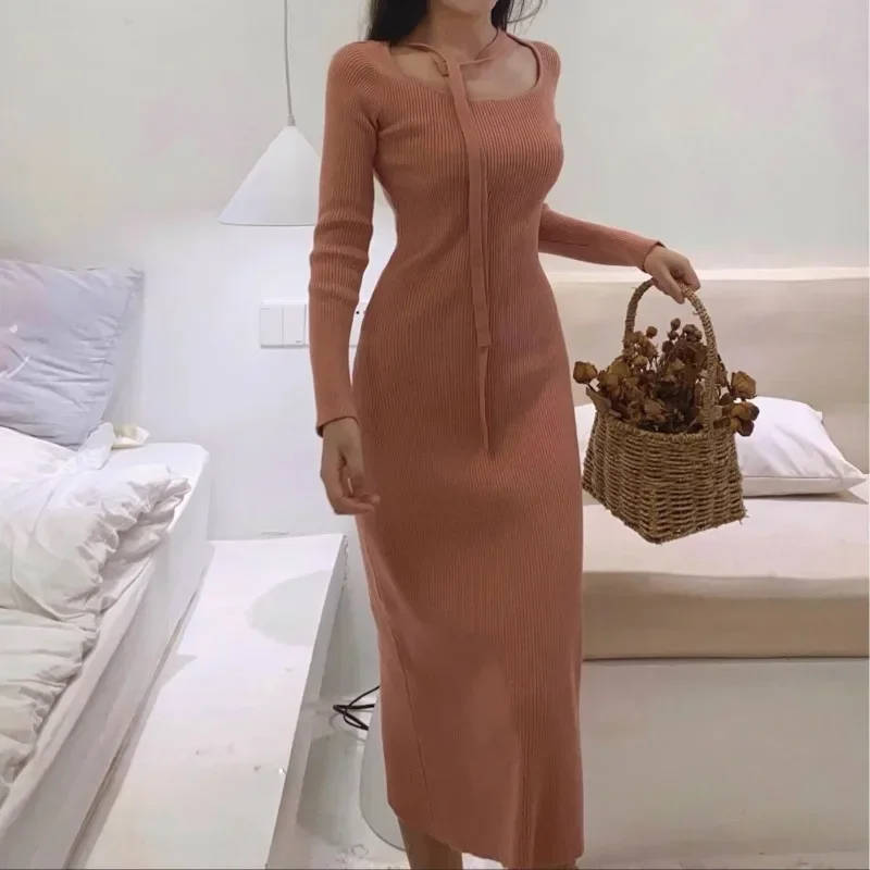 Solid Knitted Long Sleeve Dresses Women Lace-up Basic Comfortable Slim Simple Leisure Daily Mujer Korean Style Autumn Ladies