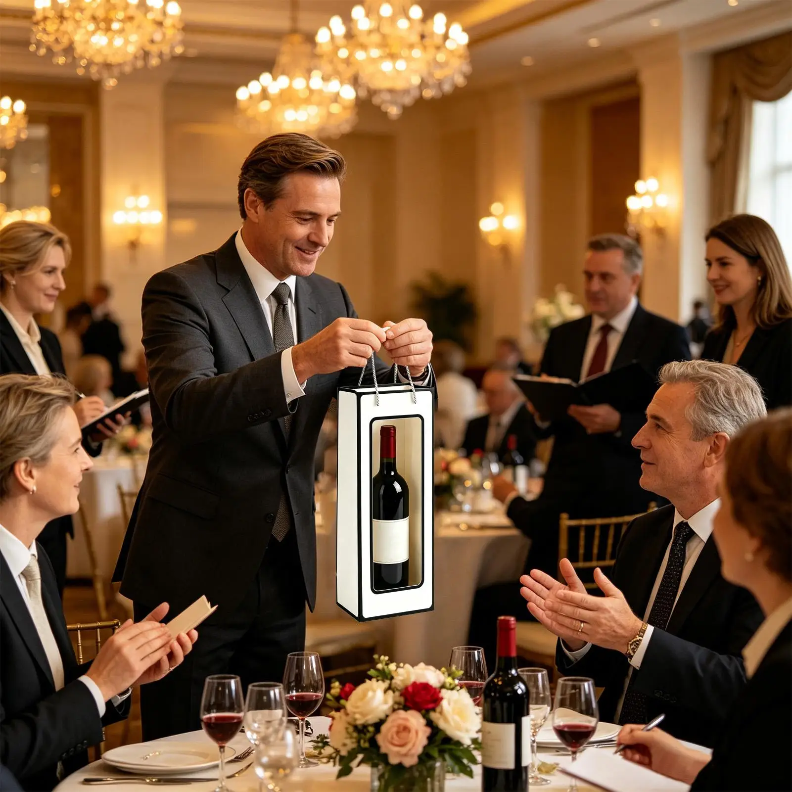 Wine Gift Bags with Clear Window Twisted Paper Handle Single Bottle Favor Packaging Pouch for Wedding Graduation Bouquet