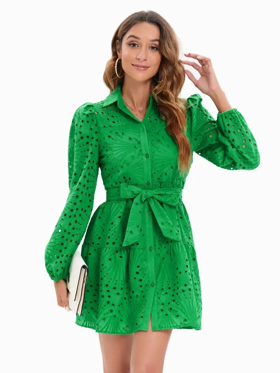 Summer Dress Women 2022 New Clothes Hollow Out Sleeve High Quality Embroidery Green Lace With Lining Side Feminino Mini Vestidos