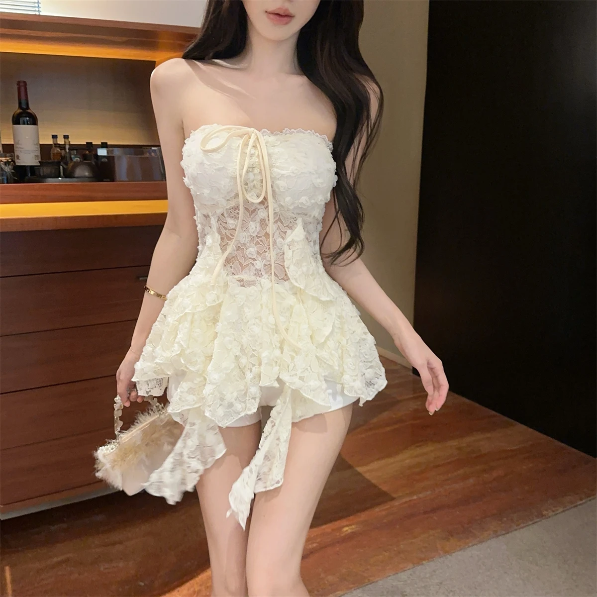 Sexy Strapless Tank Top Irregular Slim Fit Lace Sleeveless Hollow Top Tight Shorts Fashionable Sweet Summer Women's Suit 2025