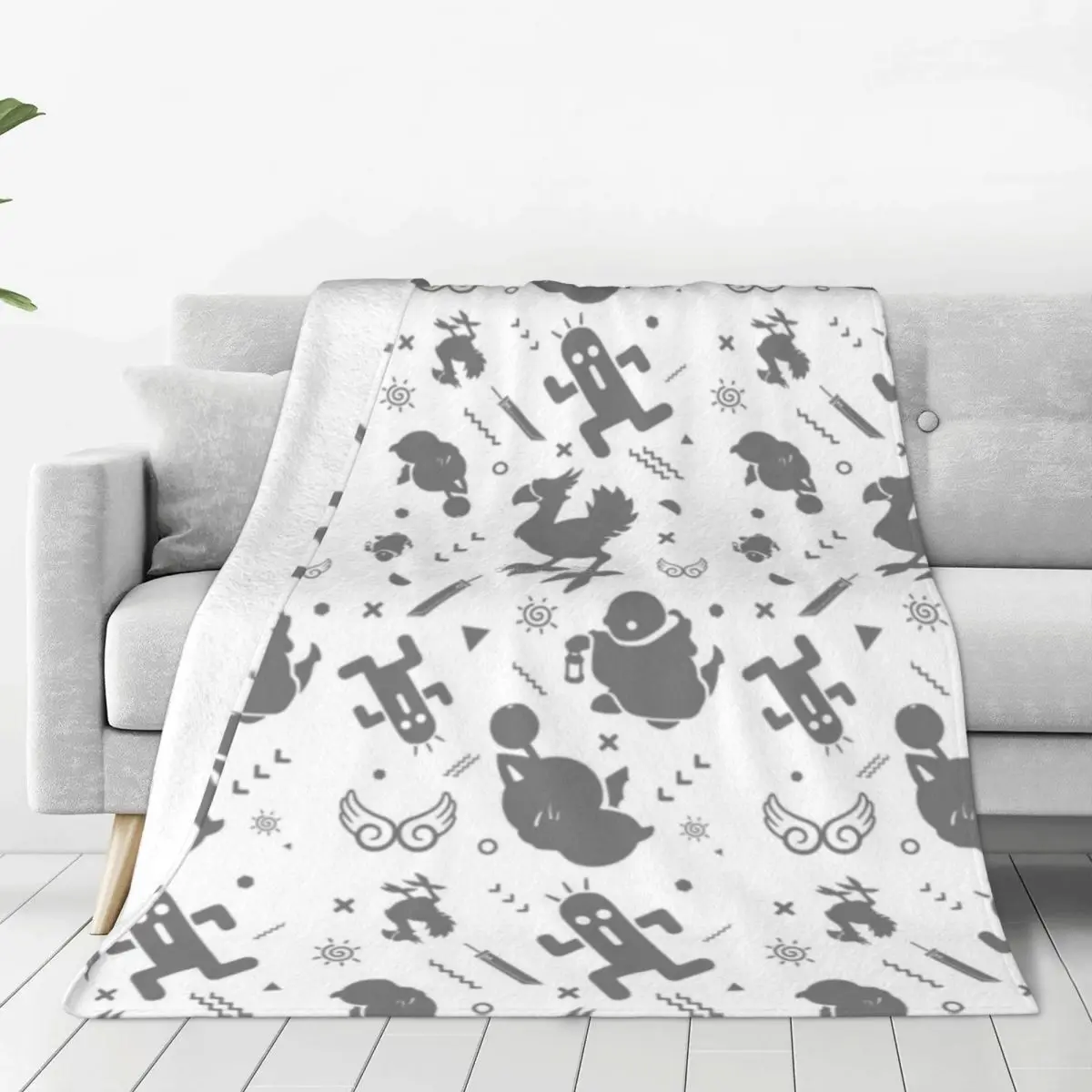 Final Fantasy Medley Flannel Blankets Game Nerd Moogle Moguri Cactuar Vintage Throw Blankets for Bed Sofa Couch 125*100cm Quilt